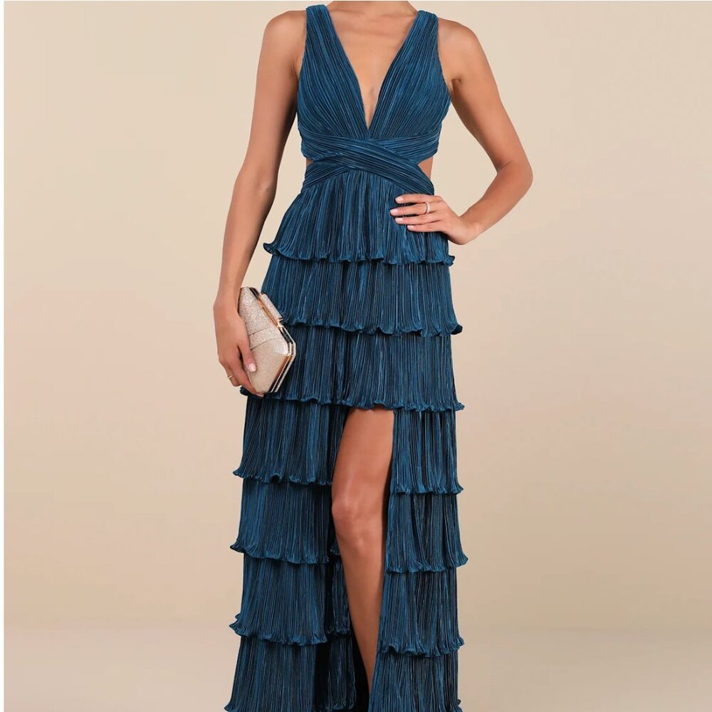 BRAND NEW - Beauty Icon Dark Teal Satin Pleated Tiered Lace-Up Maxi Dress- Med